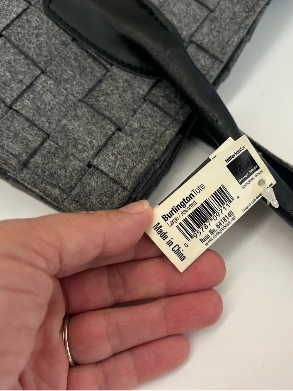 NWT Woven Grey Felt Tote Bag with Black leather Handles